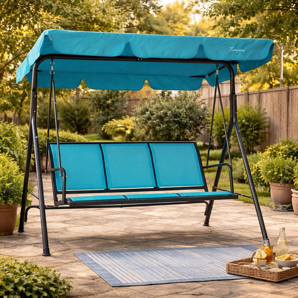 Kozyard 3-Person Outdoor Canopy Porch Swing Chair, Breathable Textilene Armrest Seat, Adjustable Shade, Heavy-Duty Powder-Coated Steel Frame Swing for Patio, Backyard, Poolside & Balcony, Blue