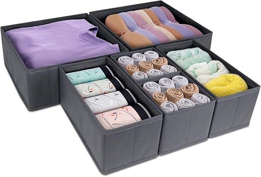 Drawer Organiser-6 Pack Wardrobe Storage Organizer, Desk Organiser, Thickened Fabric Storage Box for Underwear, Clothes, Socks, Ties, Scarves, Cosmetics, 3 Sizes