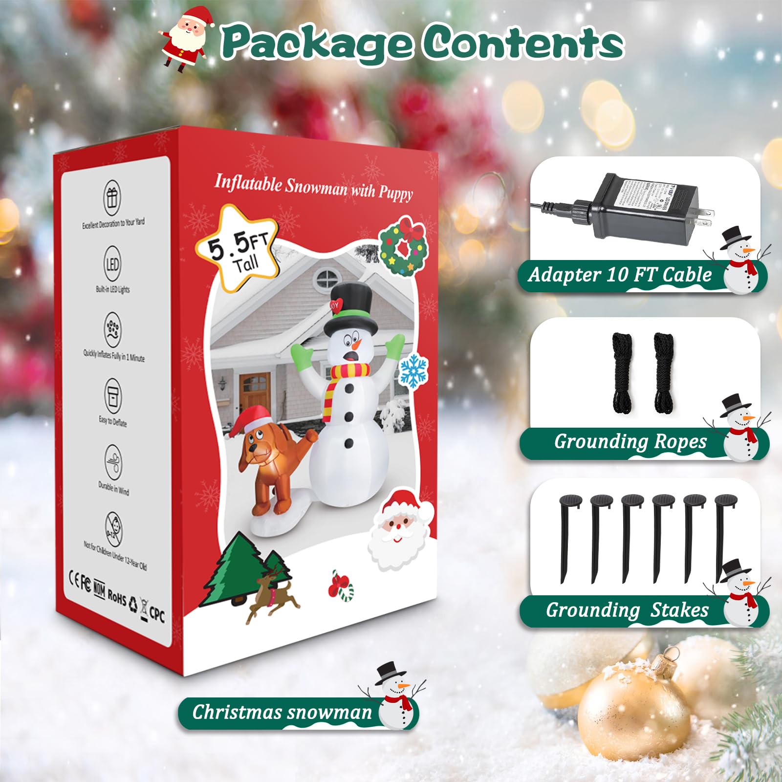 FunFanso Bonhomme de neige gonflable de 1,5 m avec chiot, bonhomme de neige gonflable et chien, lumières LED lumineuses intégrées, bonhomme de neige gonflable pour terrasse, pelouse, jardin, fête