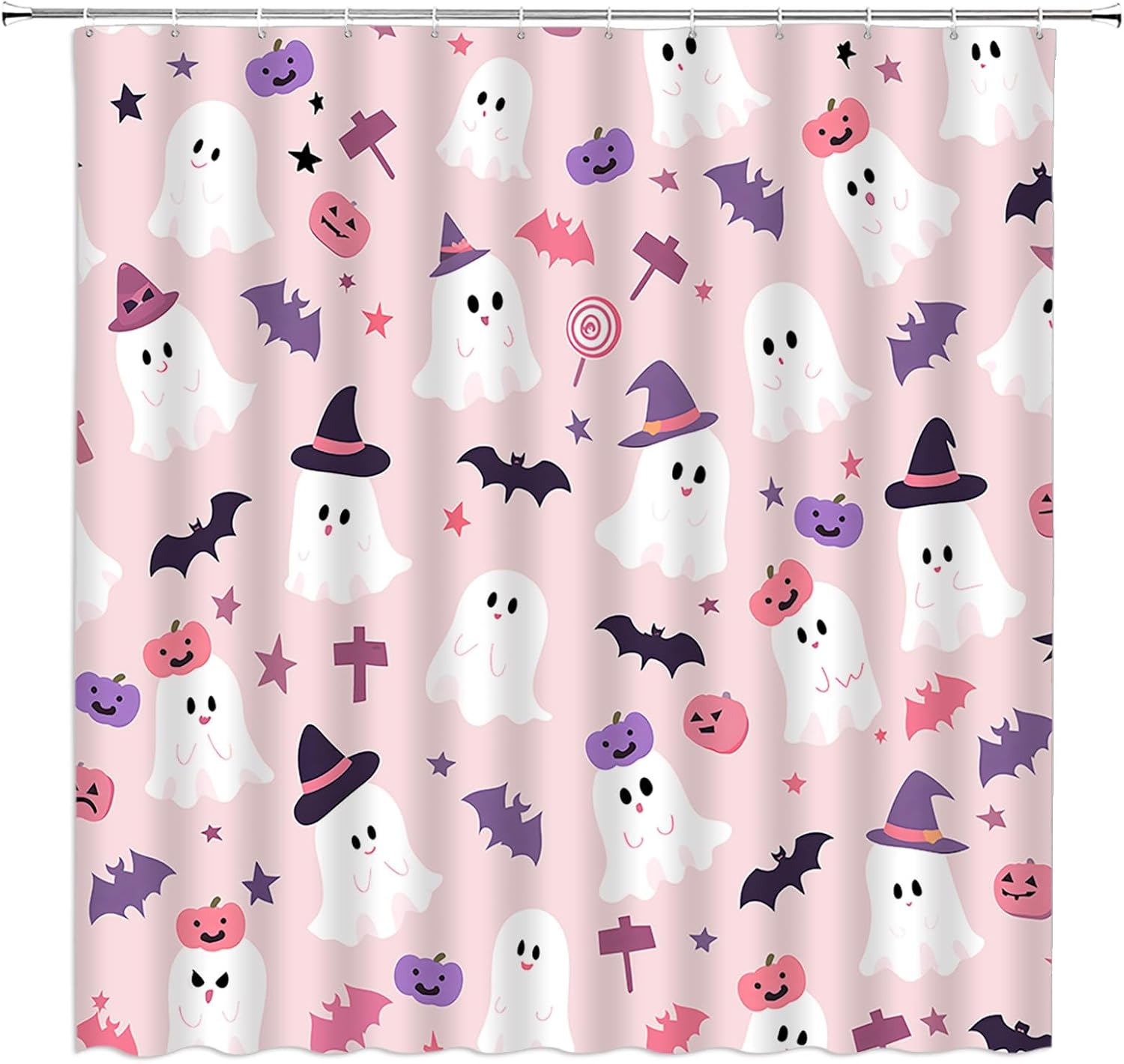GCTNBJL Halloween Ghost Shower Curtain Cartoon Cute Ghost Pumpkin Bat Stars Funny Holiday Happy Halloween Blush 70x96(WxH) Inches Bathroom Decor Fabric Curtain with Hooks
