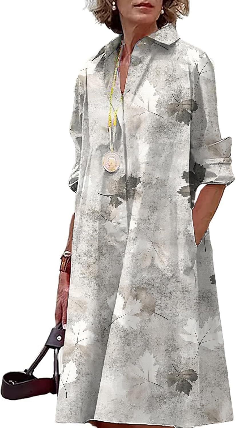 Button Down Shirt Dress for Women Floral Long Sleeve Collared A Line 2025 Summer Fa...