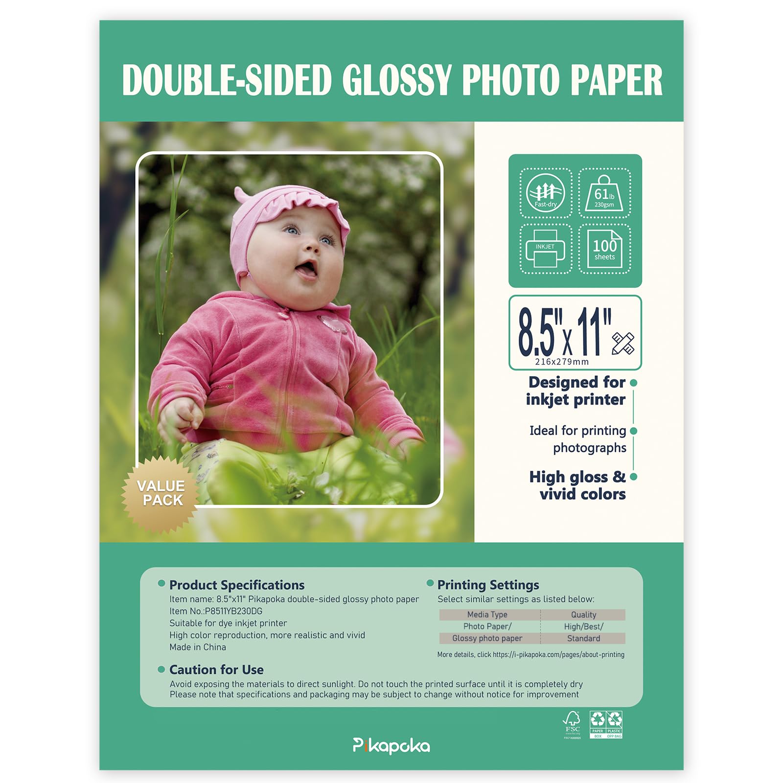 Pikapoka Double Sided Glossy Photo Paper for Inkjet Printer 8.5x11, Thick Glossy Paper for Cardstock 61lb, 100 Sheets