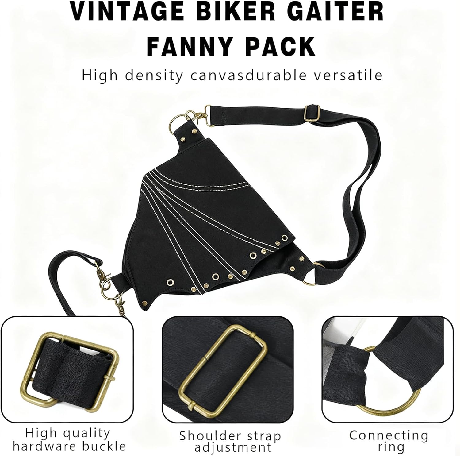 Crossbody Belt Bag Fanny Pack for Women with Detachable Thigh Strap, Adjustable Hip–Waist Utility Pouch, Secure Zipper Pockets, Festival & Everyday Wear, Renaissance Style (Black)