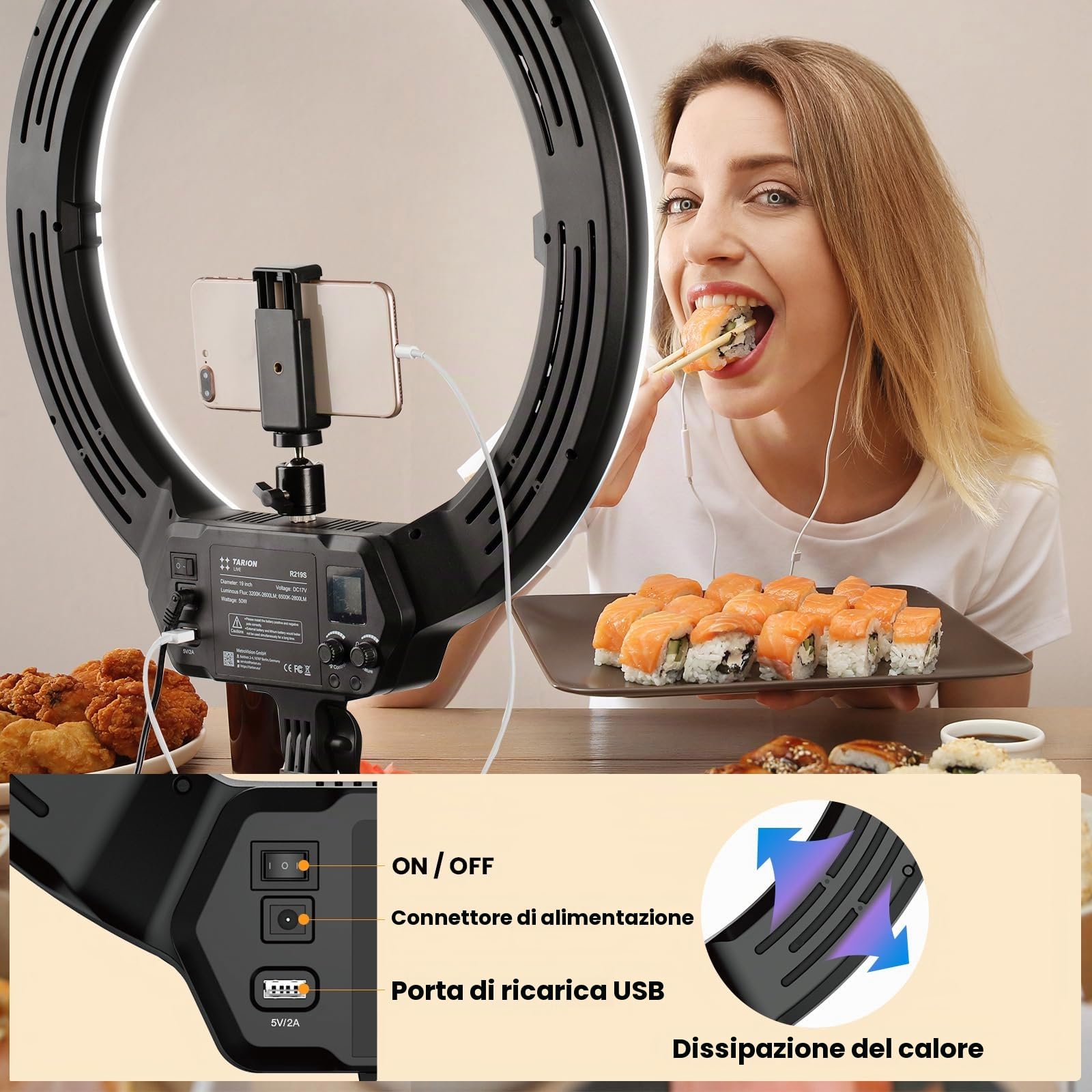 TARION R219S Luce ad anello a LED con supporto per treppiede, luce circolare dimmerabile da 19 pollici con supporto per telefono per trucco fotografico per selfie in streaming live