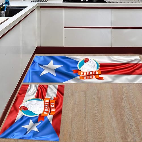 Miniatura 2 de Kitchen Rug Mats Set of 2 Piece Puerto Rico Flag Non Slip Cushioned Rug Farm Rooster Anti-Fatigue Washable Comfort Floor Mat Carpets Home Decor for