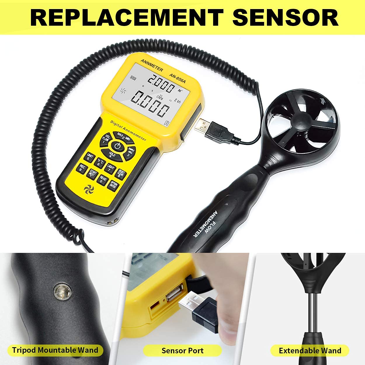 Débitmètre Air VMC Anémomètre avec Enregistrement - AIOMEST CFM Anemometer Mesure Vitesse Air Vent, Debit d’air Température avec USB, Professionnel Mesureur Courant Air Pour CVC Conduits Ventilation