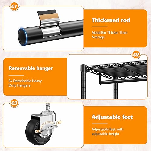 Miniatura 6 de Raybee Perchero de ropa resistente, percheros para colgar ropa, armario portátil con ruedas y estantes ajustables de 4 niveles, estante de ropa con