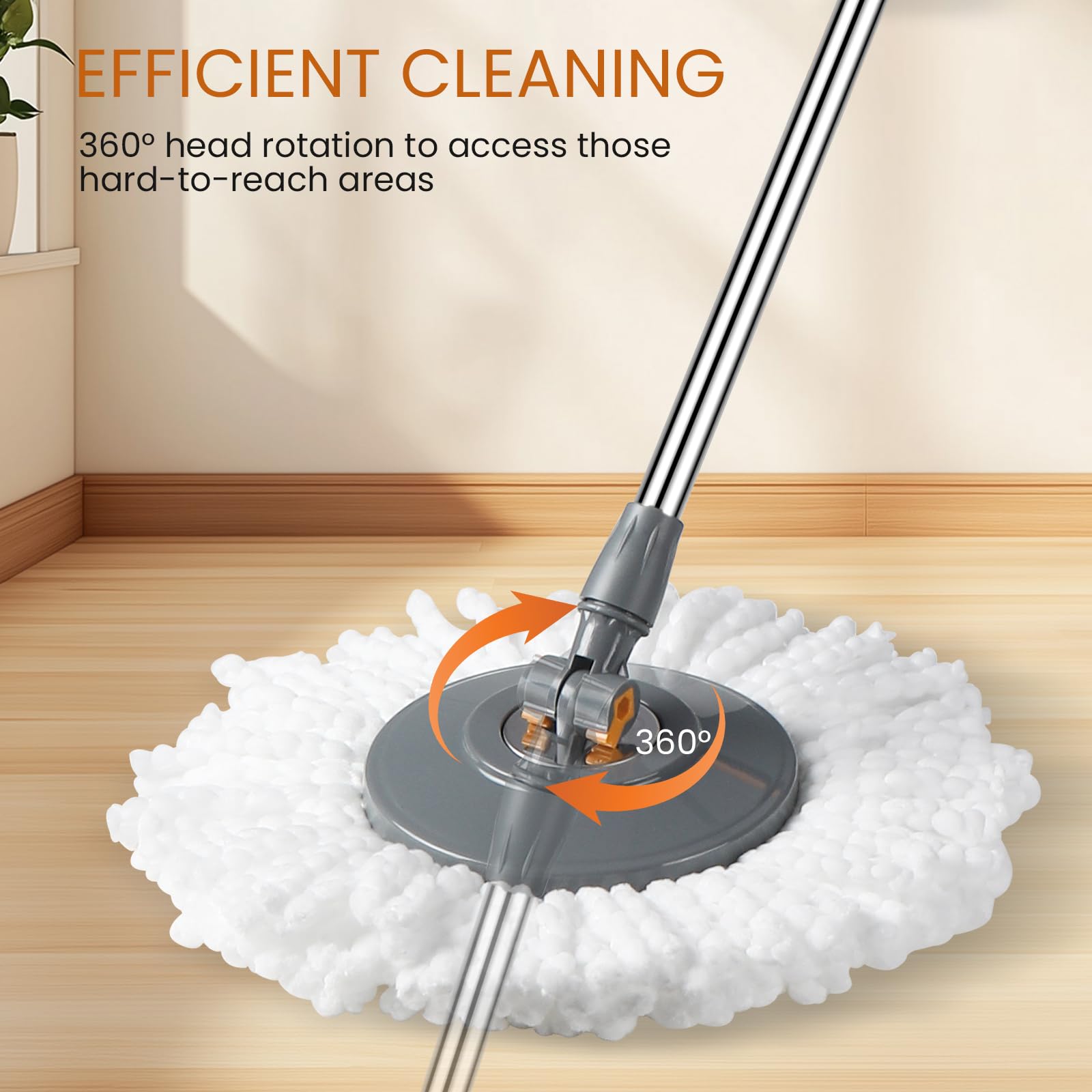 Rainberg Spin Mop und Eimer Set mit 3 extra Köpfen, 130 cm ausziehbarer Griff, maschinenwaschbare Mikrofaserköpfe, selbstauswringendes System, Grau und Orange (Spin Mop Set)