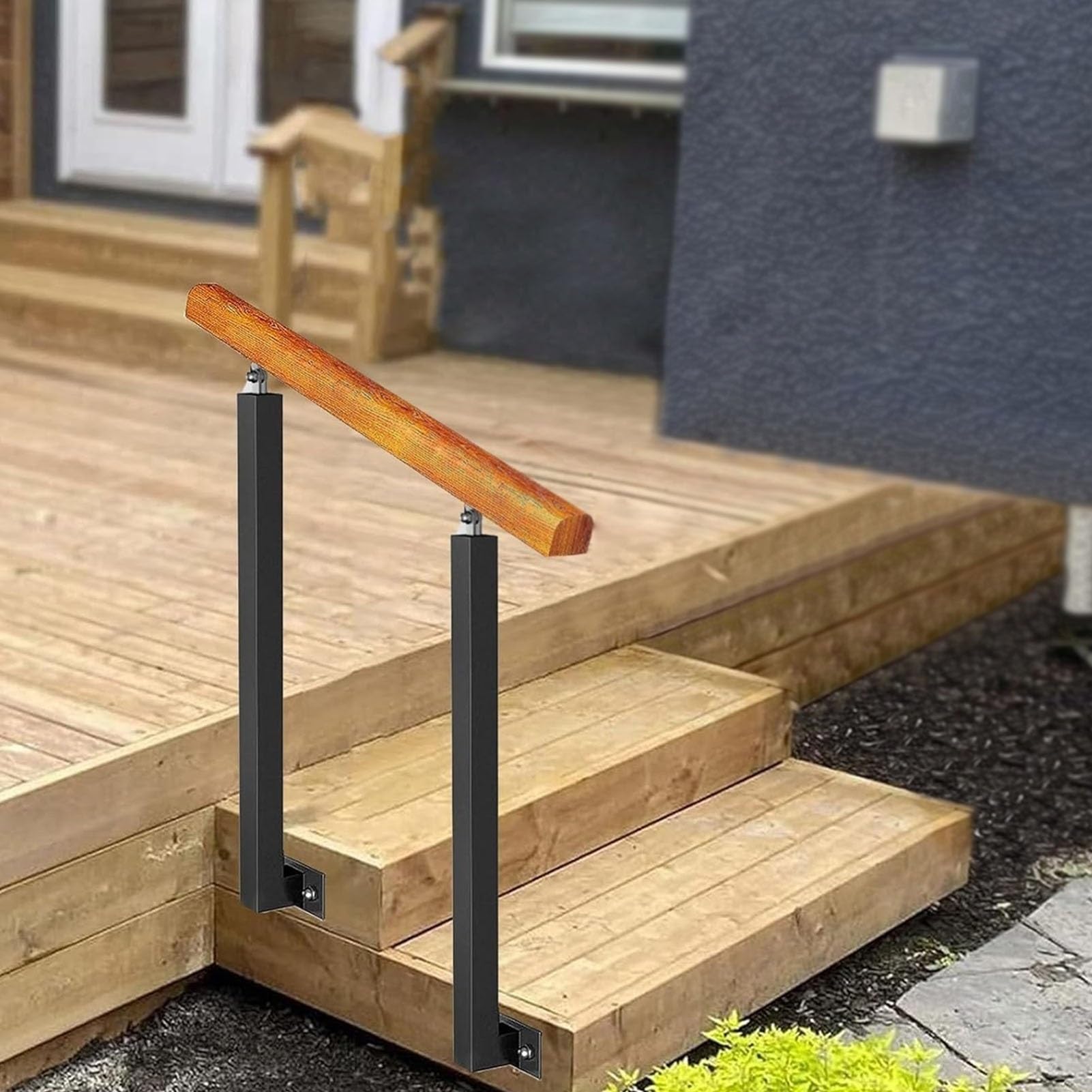 Rampe d'escalier extérieure en bois et fer forgé à 2 poteaux pour porche de jardin
