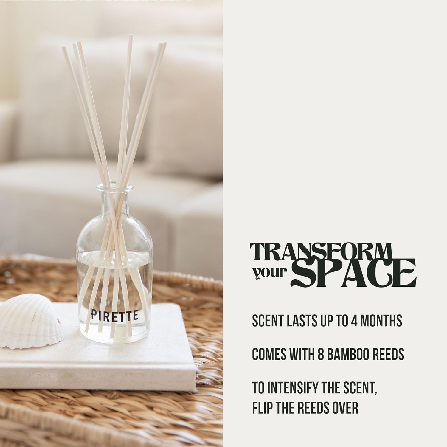 PIRETTE Reed Diffuser, Beach Inspired Fragrance for Home, Notes of Fresh Coconut, Surf Wax & Sunscreen, 6 Oz