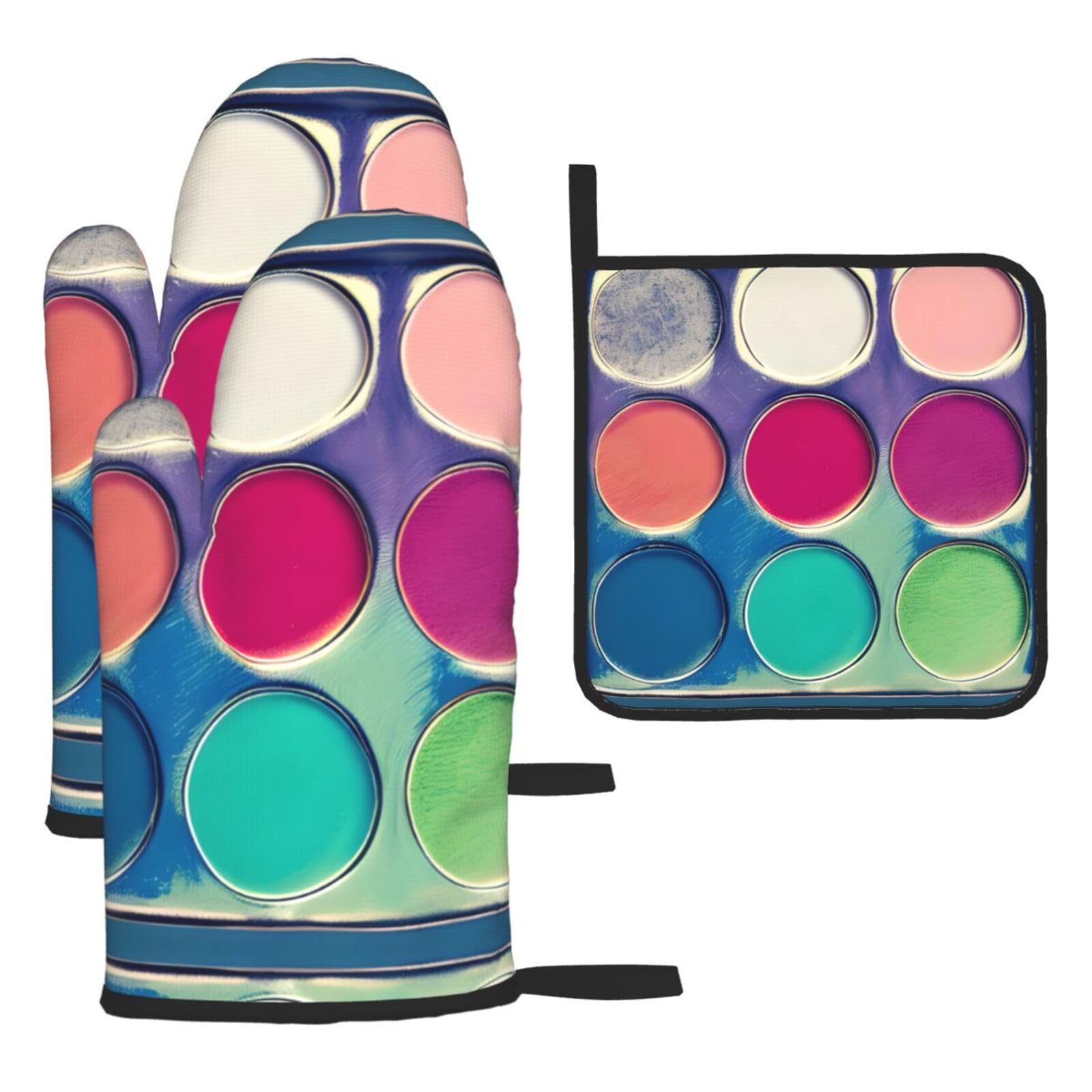 Round color palette Oven mittens and oven mitts three-piece set suitable for oven, grilling, baking, microwave and home cooking.