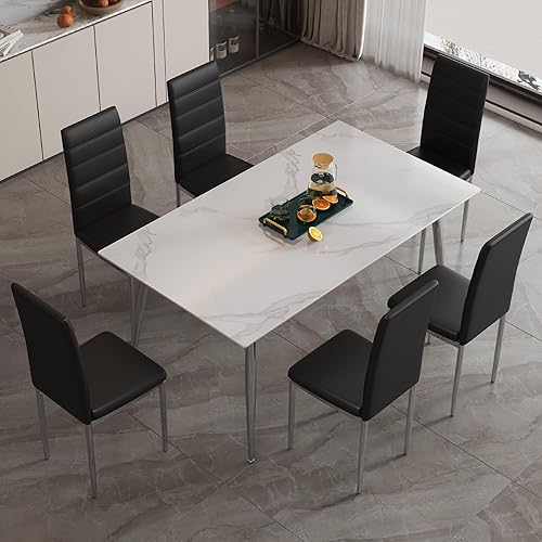 Miniatura 6 de Juego de mesa de comedor de cristal para 4, juego de mesa de comedor moderno de 5 piezas con 4 sillas de poliuretano, mesa de vidrio de 63 pulgadas,