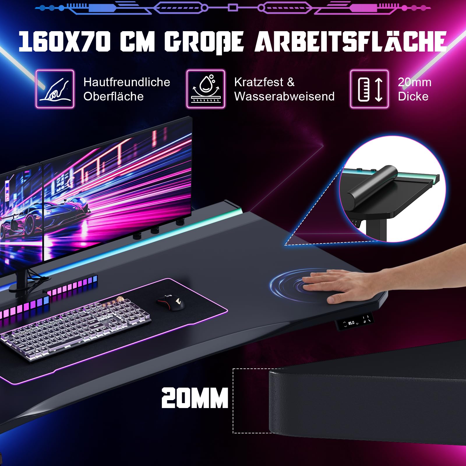 Devoko Höhenverstellbarer Schreibtisch,160x70cm Gaming Schreibtisch mit 20 mm Dicker hautfreundlicher Tischplatte,Dual-Motor Leiser Stehschreibtisch mit LED Lichtleiste & Kabelmanagement
