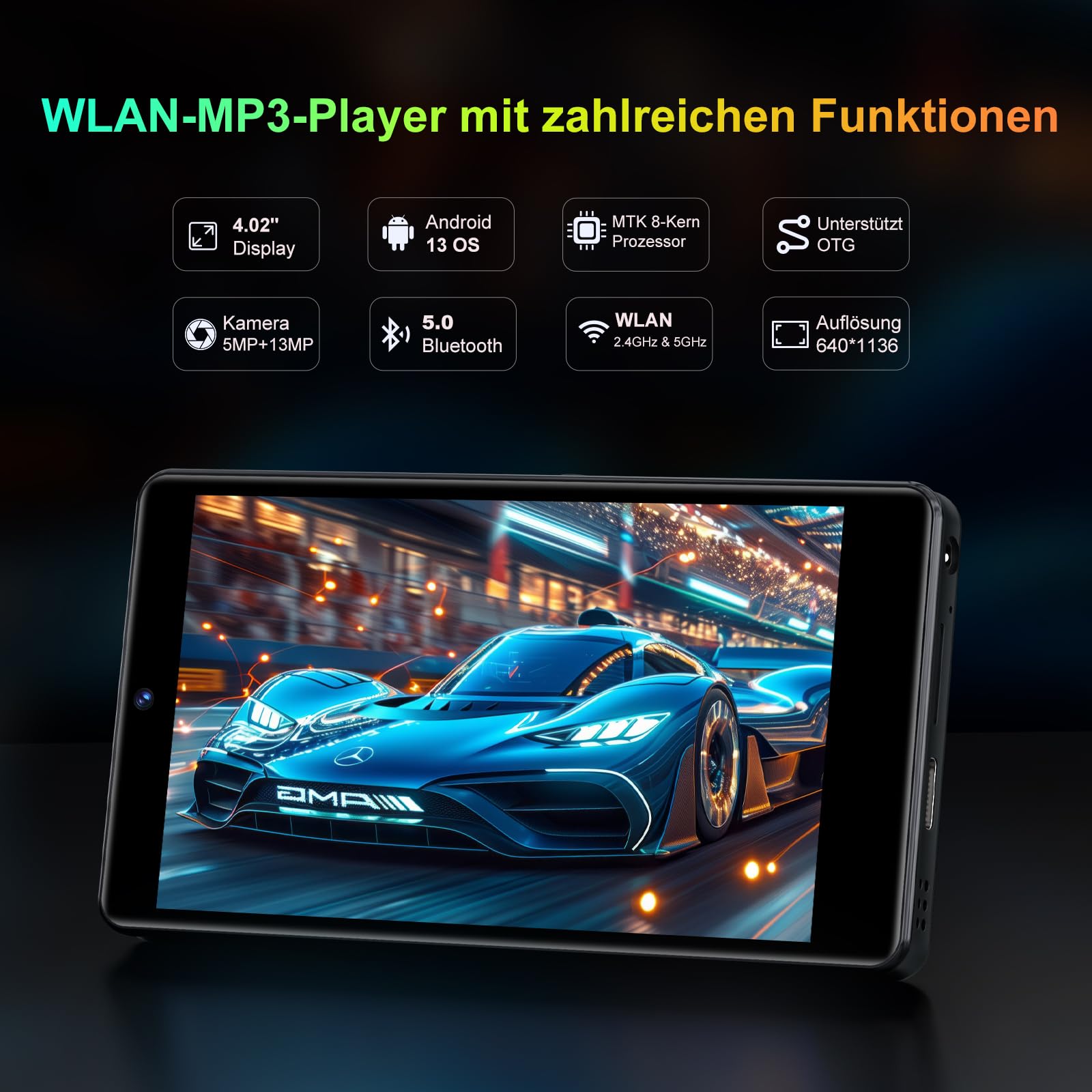 96GB MP3 Player with Bluetooth, WLAN, Camera 4.02 Inch Touchscreen | Android 13 MP3 player mit spotify, 2000 mAh, Lautsprecher, Deezer, Audible, Play Store, bis 1TB erweiterbar, Black