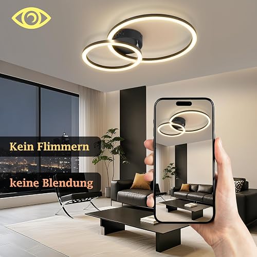 Homefire Plafonnier LED pour salon, 2 anneaux - 40 cm, noir, éclairage de - 8