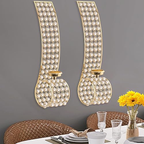 Juego de 2 candelabros de pared de cristal dorado para velas de té de metal con cuentas de pared, centro de mesa, decoración para boda, fiesta,