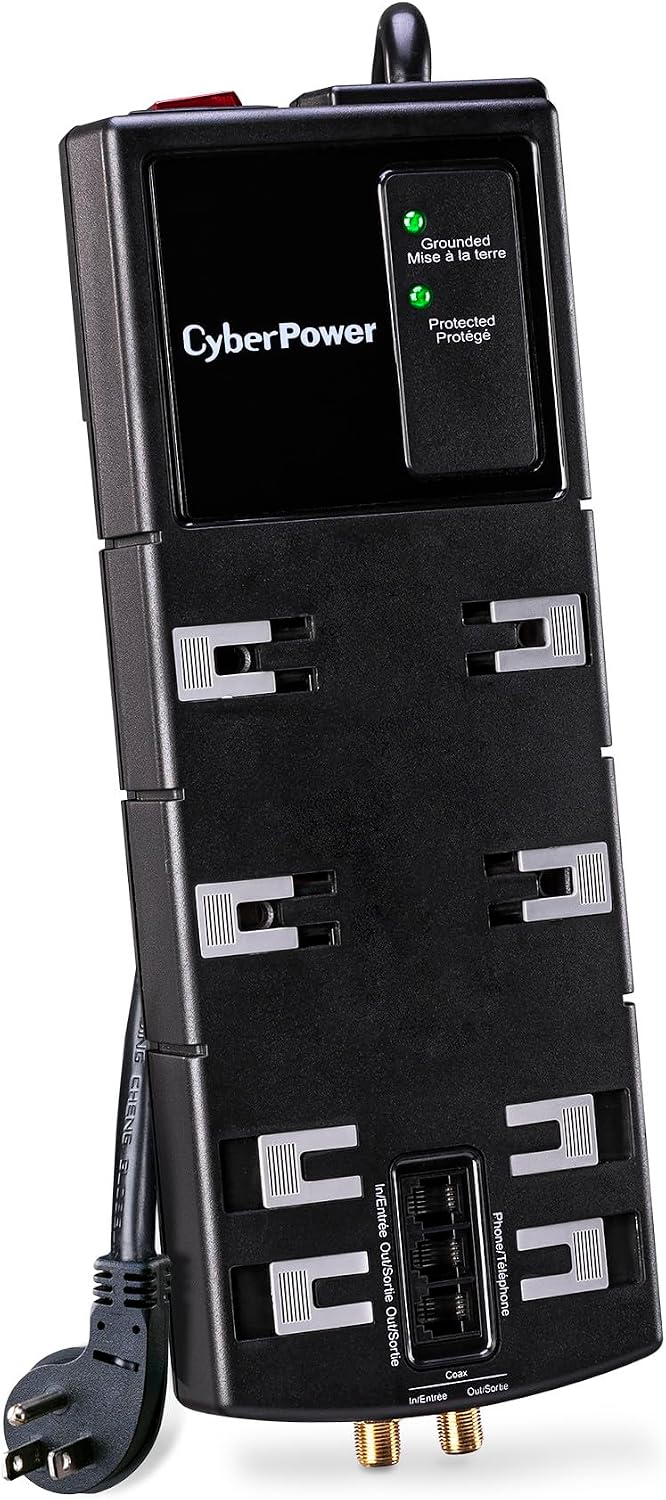 CyberPower HT812TC Home Theater Surge Protector w/Dust Covers, Coax, Phone Protection, 4350J/120V, 8 Outlets (4 Wide Spaced), 6ft Power Cord, Rt Angle Plug