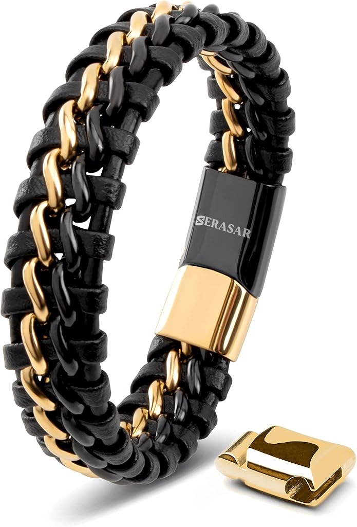 SERASAR | Premium Genuine Leather Bracelet [Steel] for Men in Black | Magnetic Stainless Steel Clasp