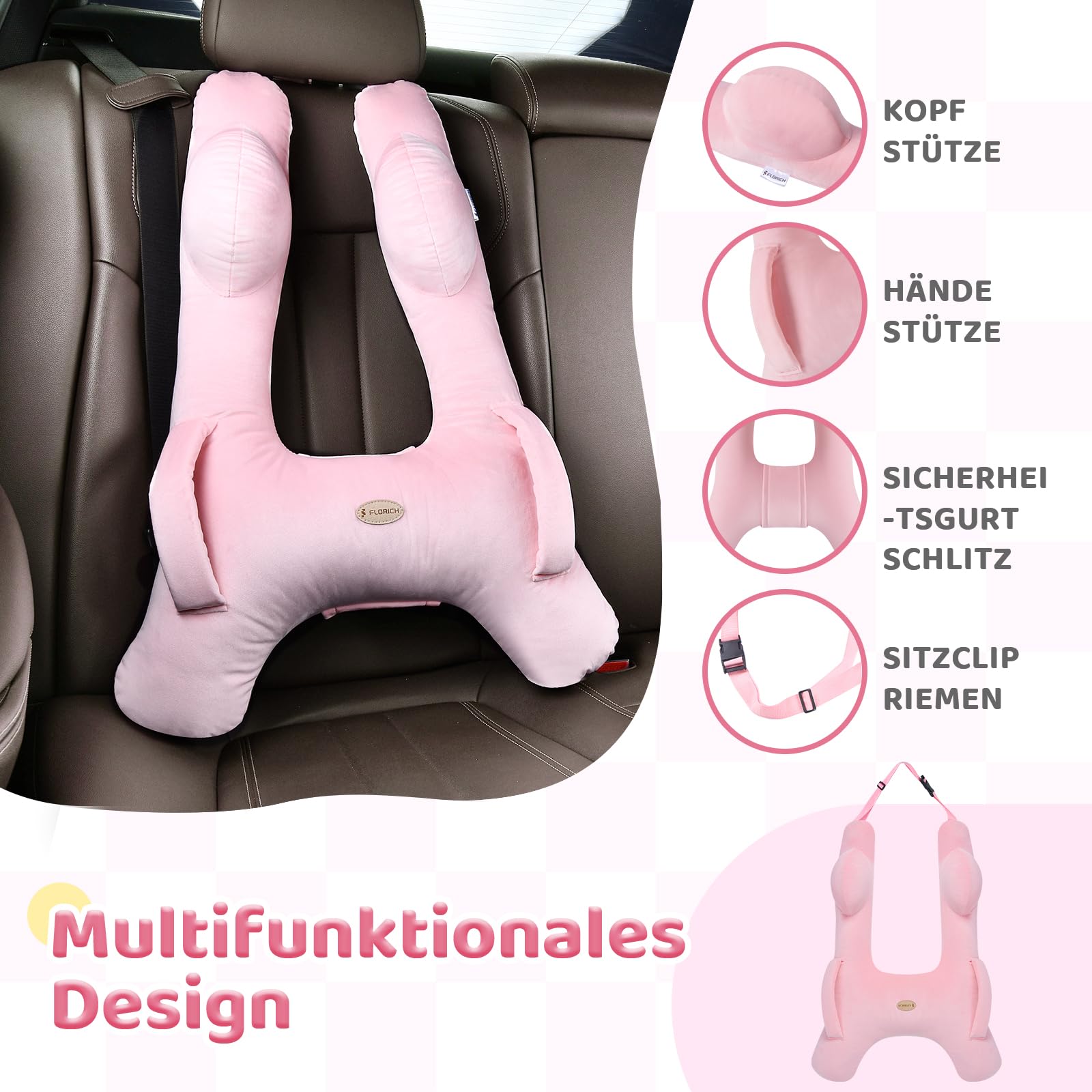FLORICH Almohada Viaje Niños Almohada, Almohada d Esmontable en Forma de H Transpirable para Vacaciones en Coche (Rosa02)