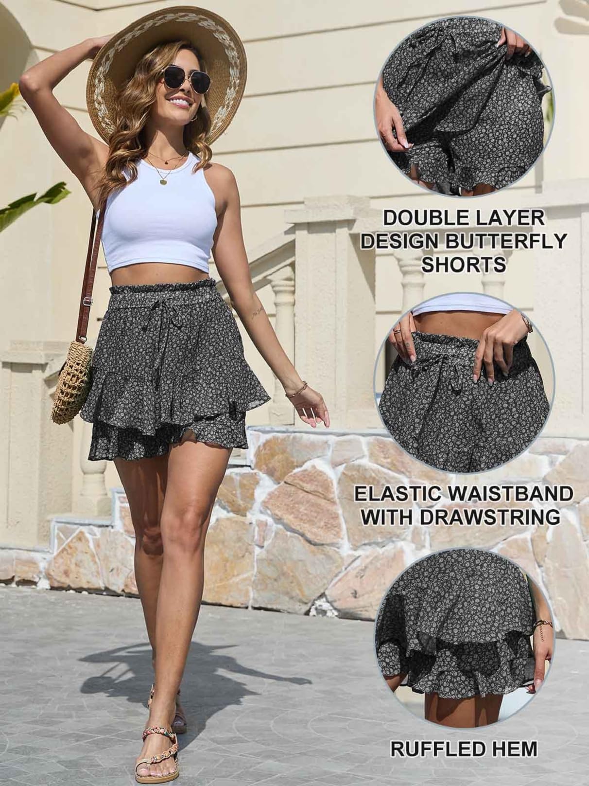 CheChury Pantaloncini Estivi da Donna in Lino a Vita Alta Casual, Gamba Larga Shorts Eleganti con Vita Elasticizzata da Spiaggia Fluenti