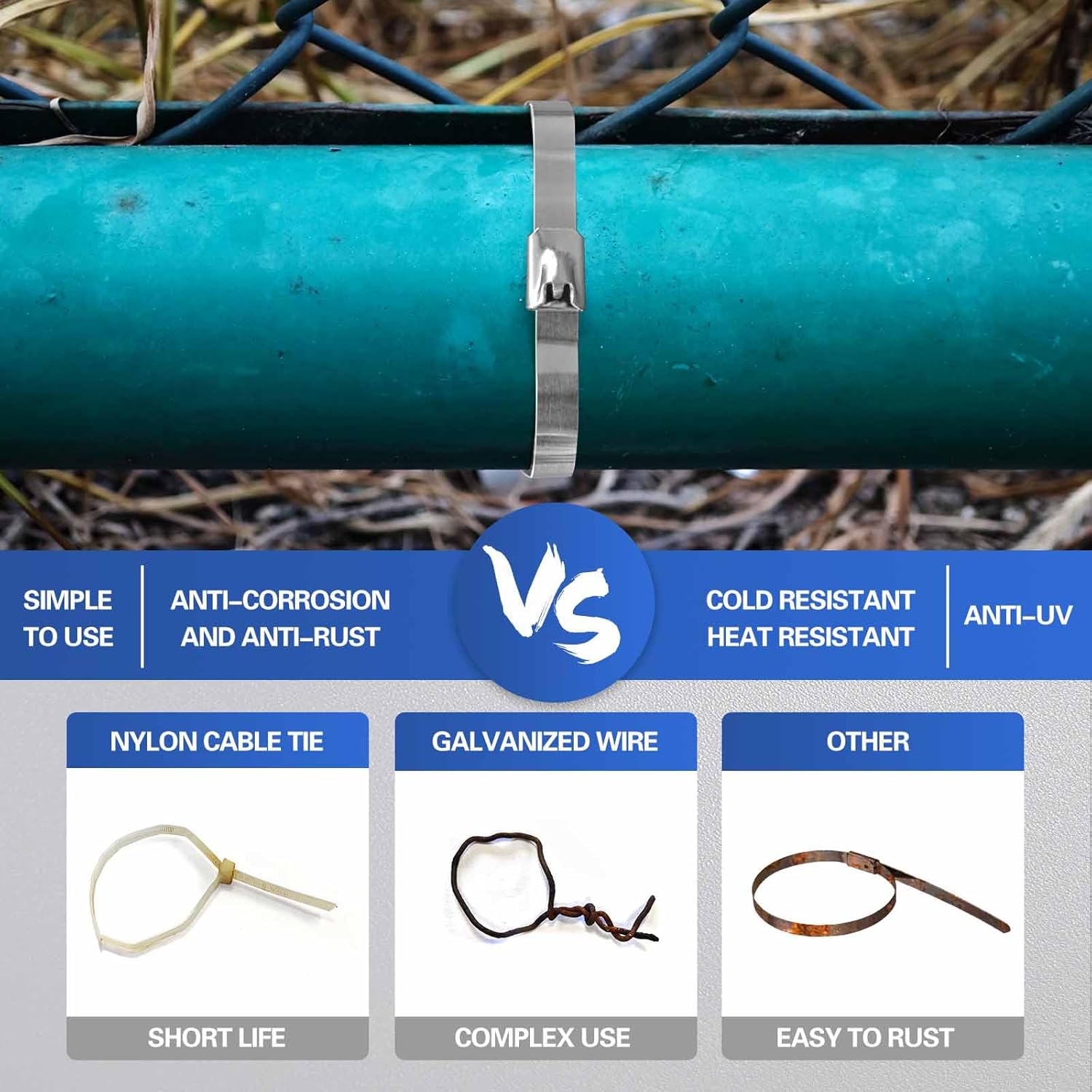 Chain Link fence Ties 100pcs Multi-Purpose Self-Locking Metal Zip Ties Stainless Steel Zip Ties 15.8inch, Suitable for Machinery, Exhaust Wrap, Farms, Pipes, Roofs, Cables, and Outdoor Fence
