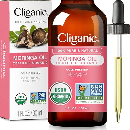Cliganic Aceite de moringa orgánico 2 oz 100 puro para la cara y el cabello prensado en frío natural sin refinar