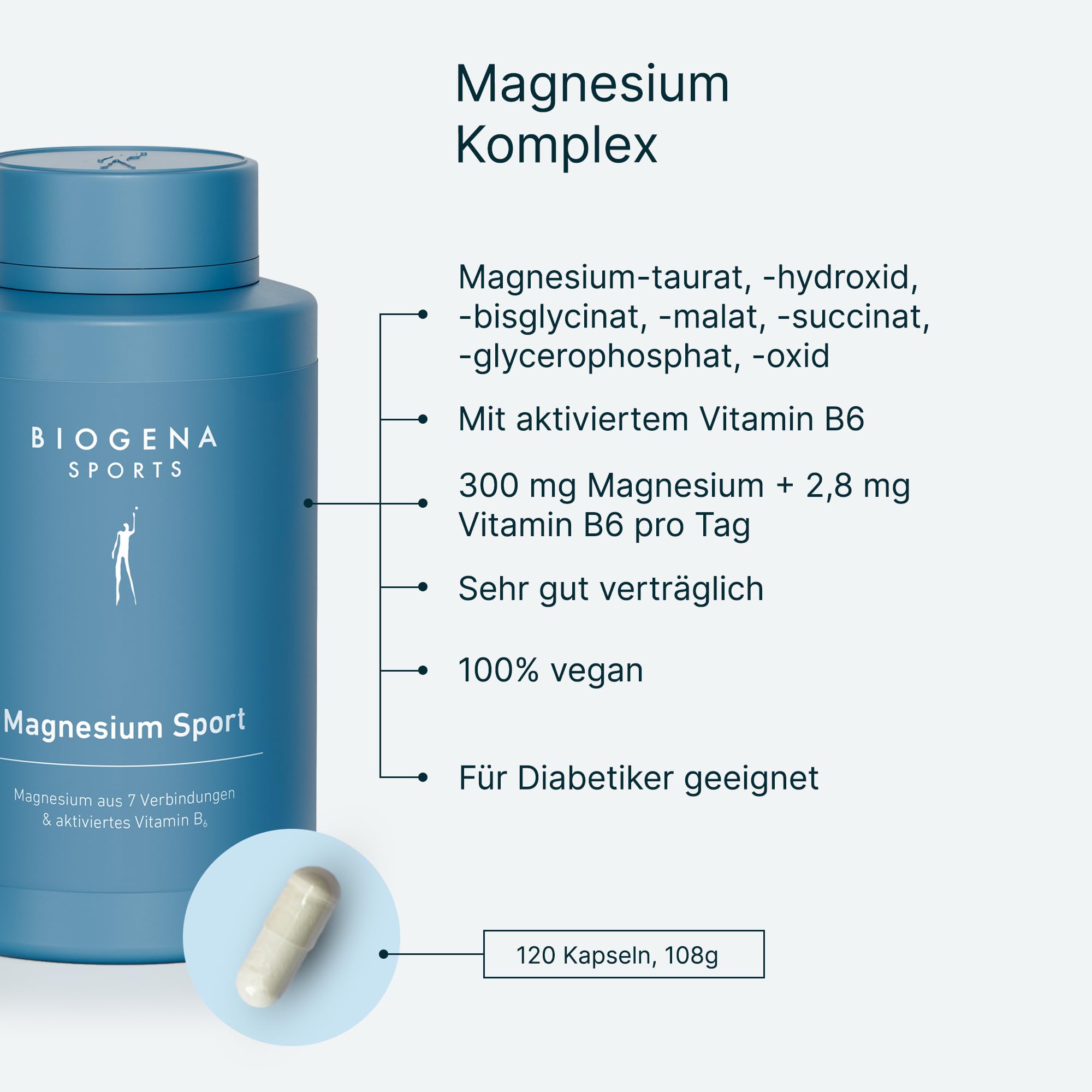 BIOGENA SPORTS Magnesium Sport - Magnesium Komplex mit Vitamin B6-7 Magnesiumverbindungen - Hohe Bioverfügbarkeit - Hochdosiert, Laborgeprüft & vegan - 120 Kapseln