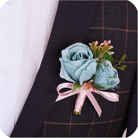 Amazon 人工シルクローズ花新郎ブートニア男ピンスーツコサージュ結婚式フラワーパーティー装飾 ブルーブートニア 造花 オンライン通販