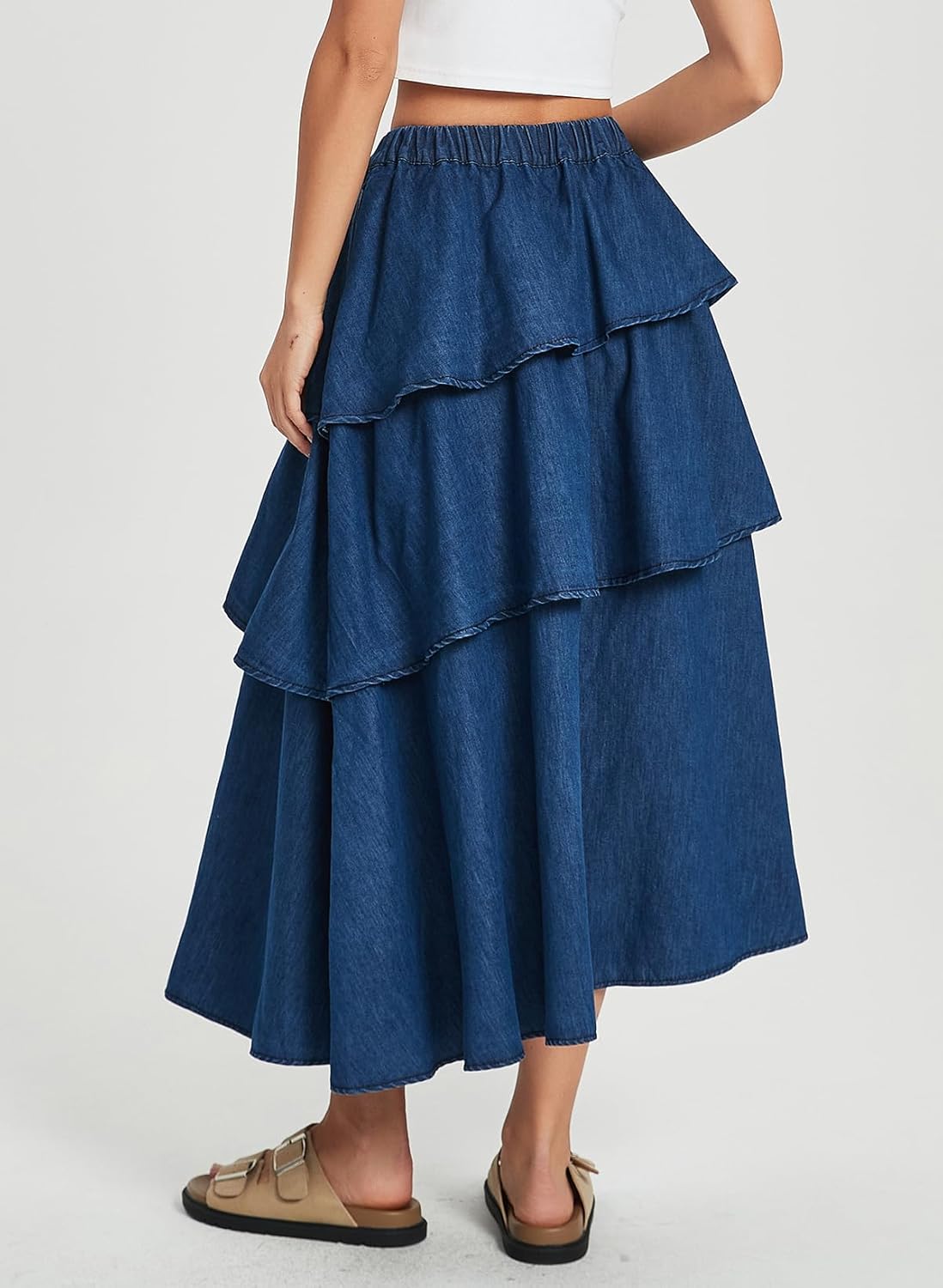 Ladyful Women's Long Denim Skirt Tiered A-Line Elastic High Waist Swing Jean Skirts Asymmetric Hem with Pockets
