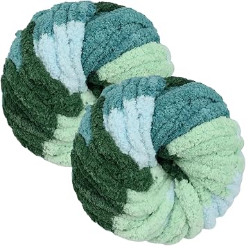 Chunky Yarn for Hand Knitting 250g x 2, Super Soft Thick Arm Knitting Wool for Crochet & Knitting, Fluffy Chenille Yarn for Cosy Blankets, Scarves, Hats Gradient Green