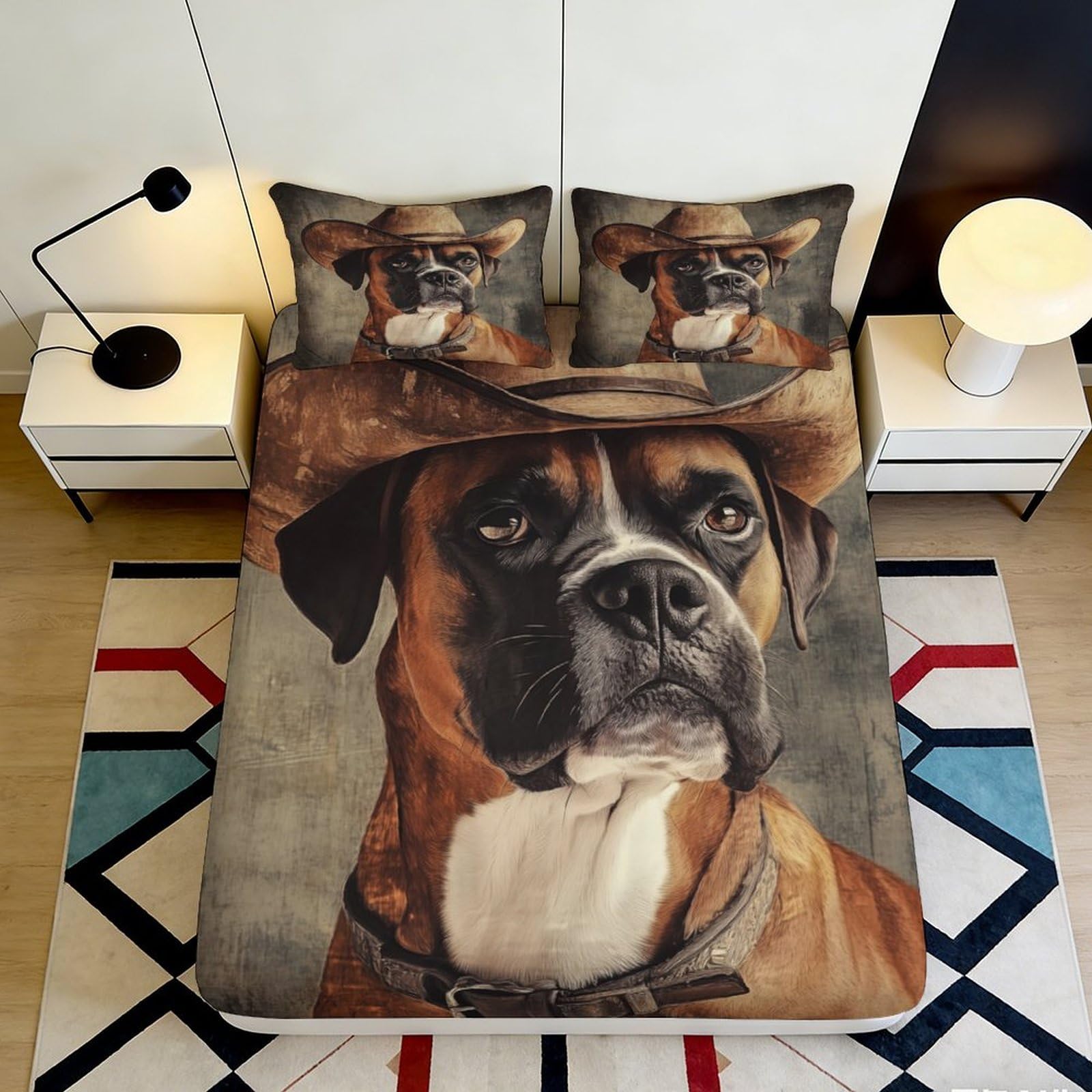 3D Printed Cowboy Dog Fitted Sheet Microfiber Non Slip Mattress Cover for Bedroom Guest Room Easy Care Decor 160x200x25cm
