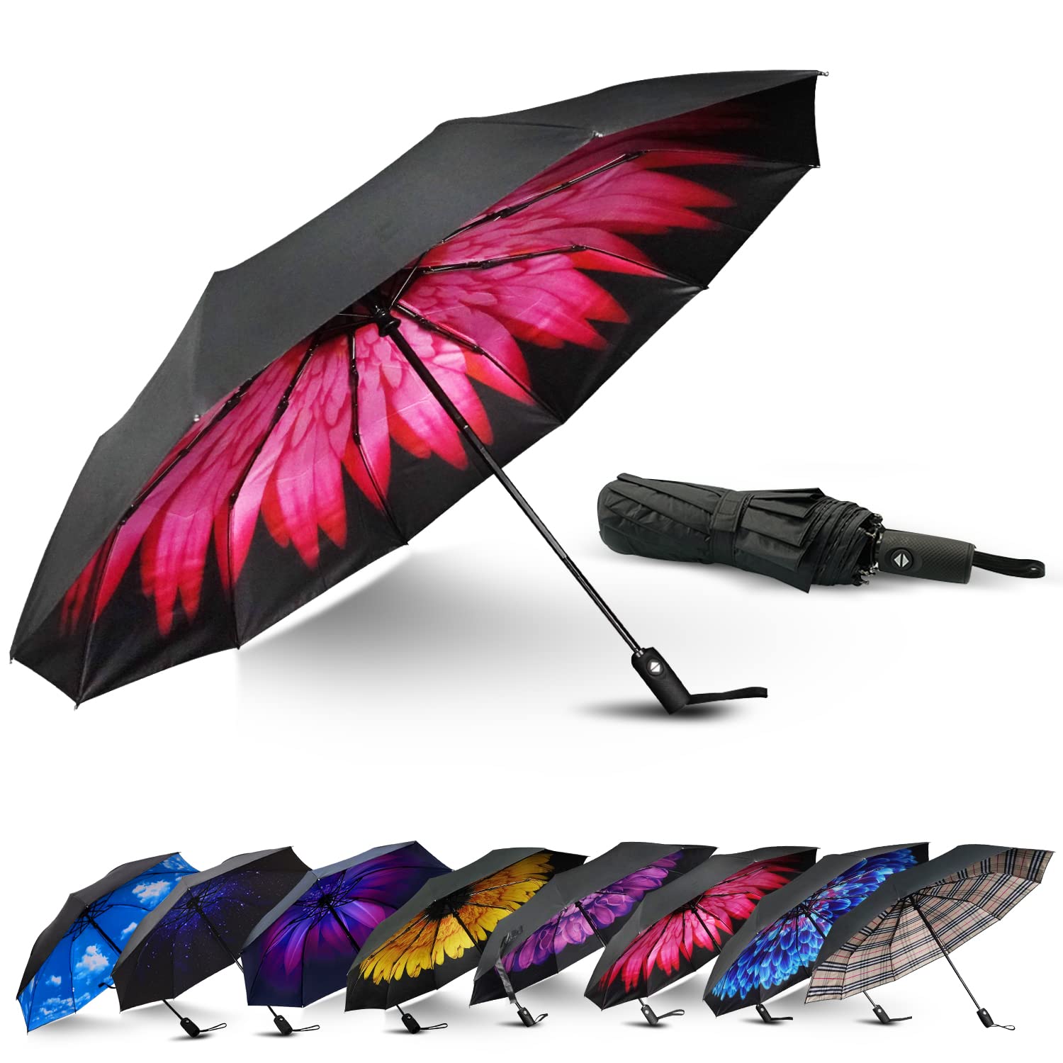LLanxiry Compact Travel Umbrella, Automatic Open/Close Windproof Umbrella, 10 Fiberglass Ribs, 210T Pongee, UPF 50+ Sun/Rain, Lightweight Portable