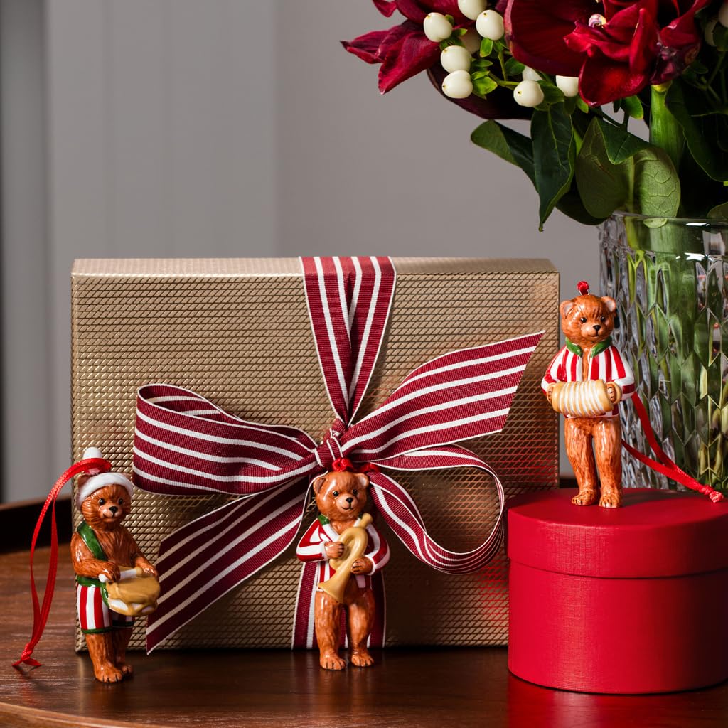 Villeroy & Boch - Nostalgic Ornaments Teddys 3-TLG Set Bunt, Weihnachtsdeko, Baumschmuck, Geschenkidee, Deko Weihnachten Liebevoll Gestaltet, Premium Porzellan