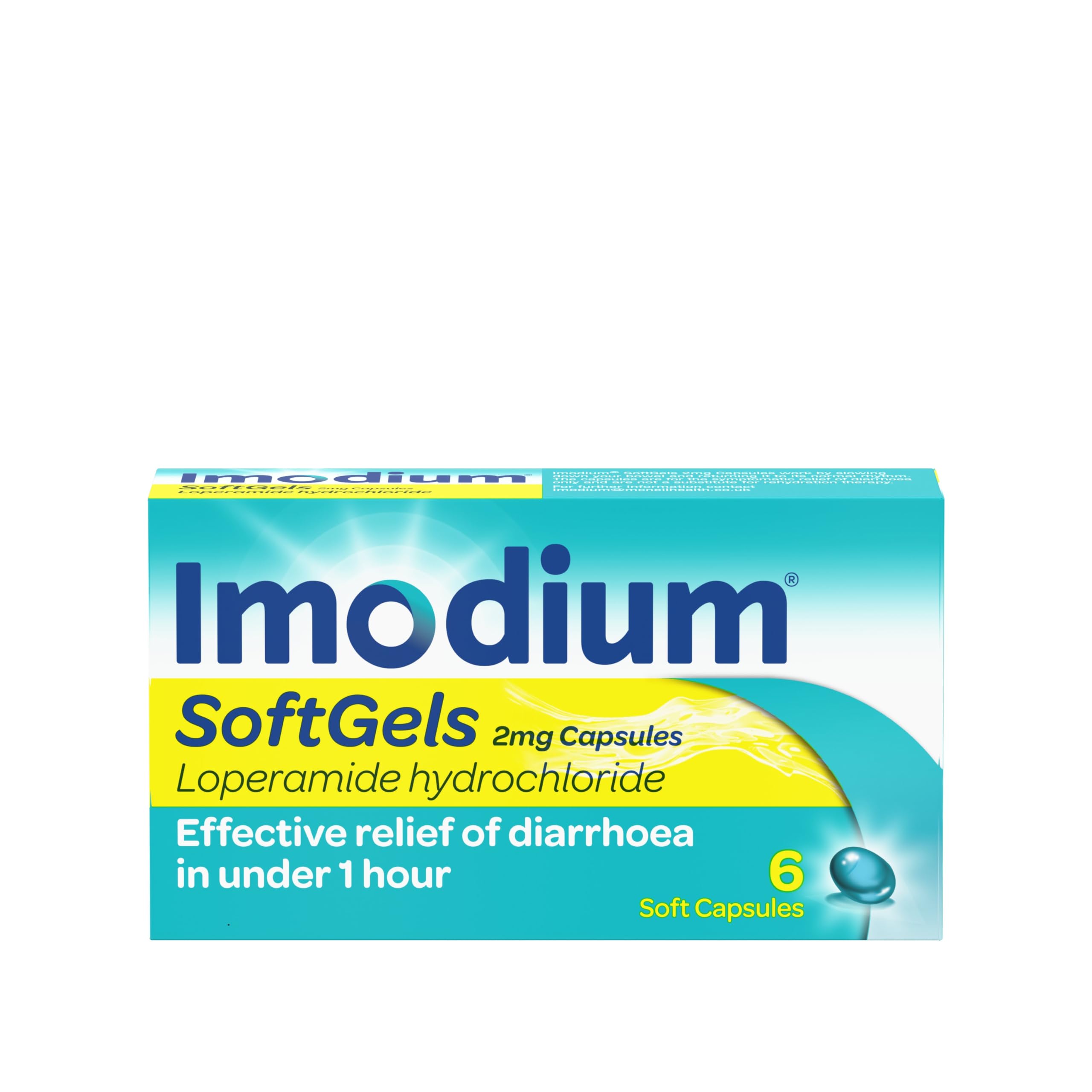 Imodium SoftGels loperamide Tablets Effective Diarrhea Relief in 1 Hour ibs Medication 6 Soft Capsules Easy to Swallow, Liquid-Filled Small