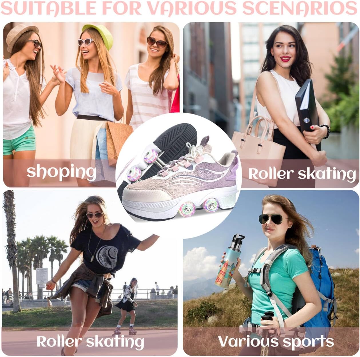 Roller Skate Shoes for Women Four Rounds Children's Roller Skates Shoes that Turn into Rollerskates Sneakers Outdoor Light Shoes with Wheels for Girls/Boys
