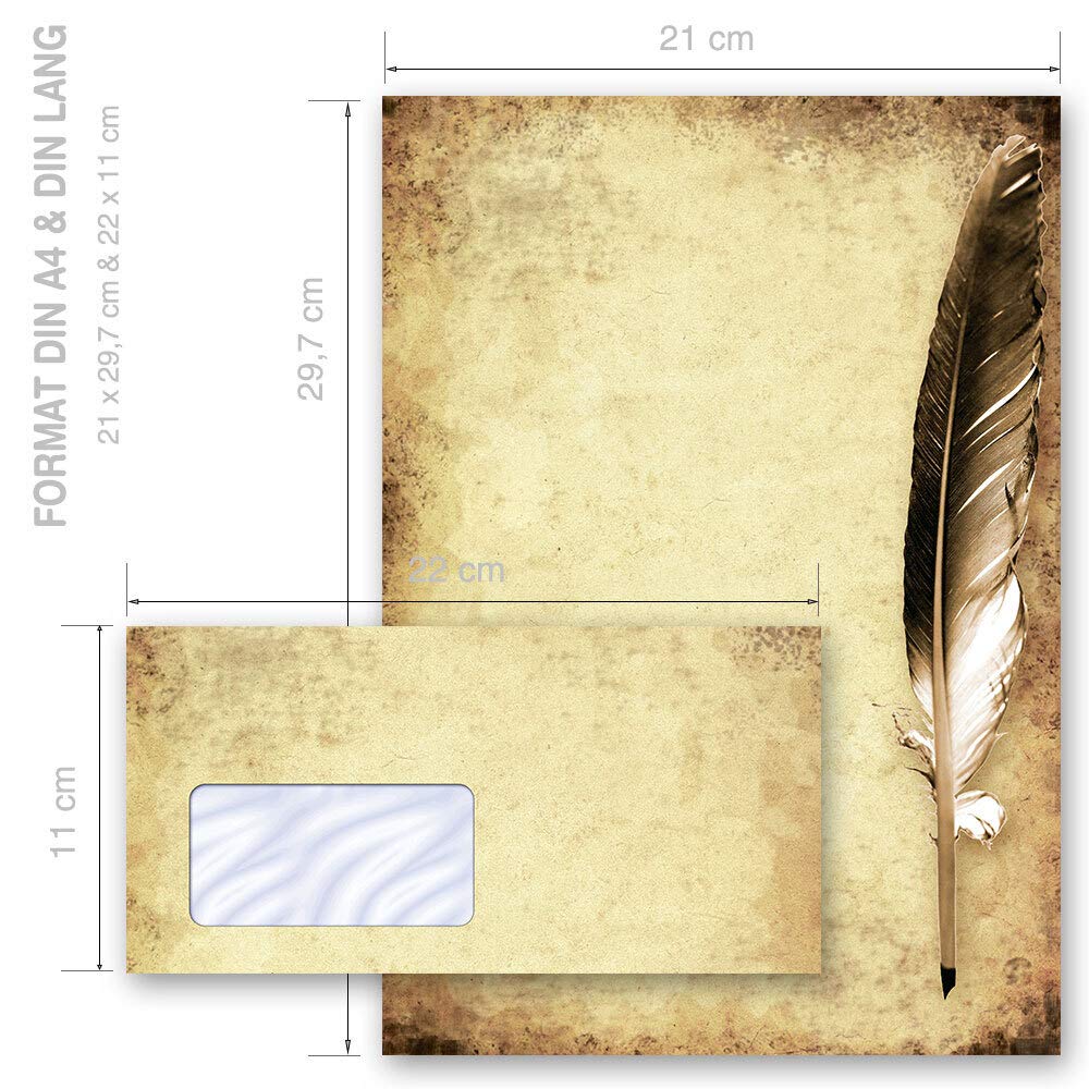 Briefpapier Sets Motivpapier Antik & History, FEDER AUF ALTEM PAPIER 100 Blatt Briefpapier + 100 passende Briefumschläge DIN LANG mit Fenster | Paper-Media