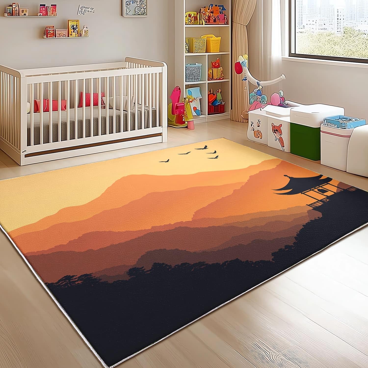 Genérico Alfombra Salón Dormitorio 80x150 cm Paisaje de Atardecer Natural Moderna Lavable y Antideslizante Pelo Corto de Alfombra Naranja Suave Esponjoso Sin Desprendimiento para Habitación Infantil