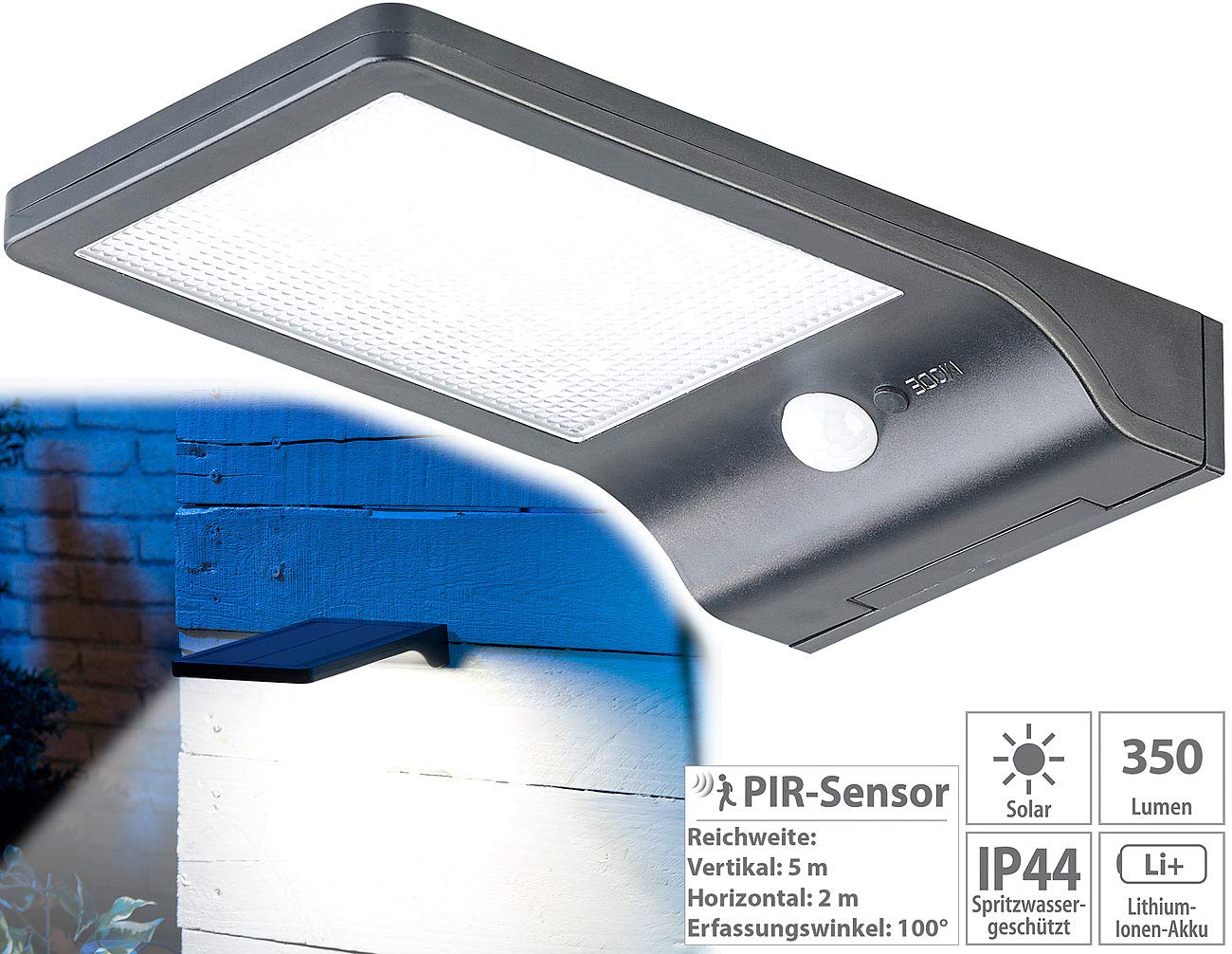 Lunartec Lampada Solare a LED: Set di 2 Lampade da Parete LED solari, Sensore di Movimento PIR, Funzione Luce Notturna (Luce Notturna Solare Esterna, lampade solari a da Parete, Batteria)