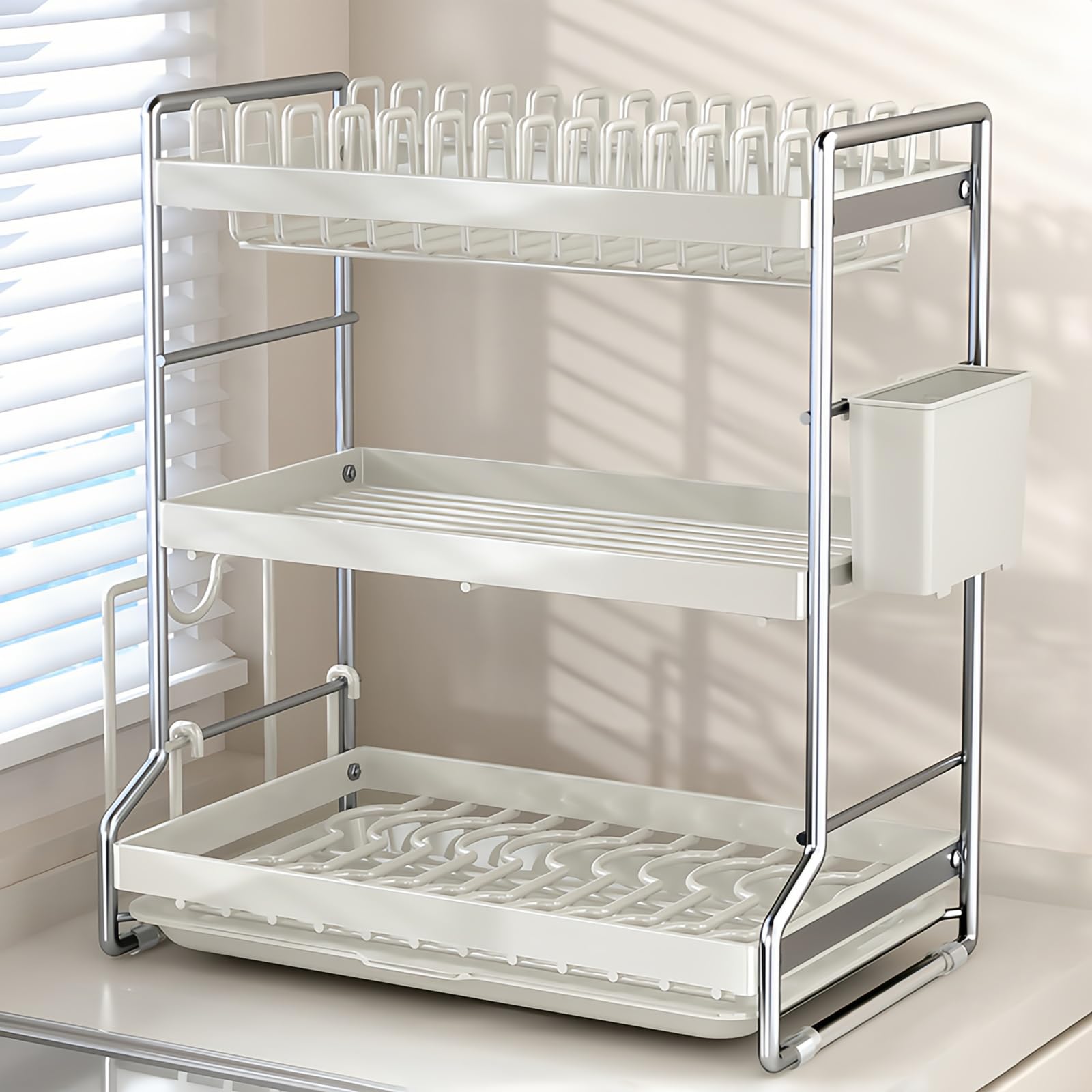 Dish Drainer Rack, 3-Tier Dish Rack, Draining Rack, Large Capacity, Multifunctional, Dish Drying Rack, Kitchen Storage, Chopsticks Rest, Cutting Board Stand, With Draining Tray, Easy Assembly, Space 3段