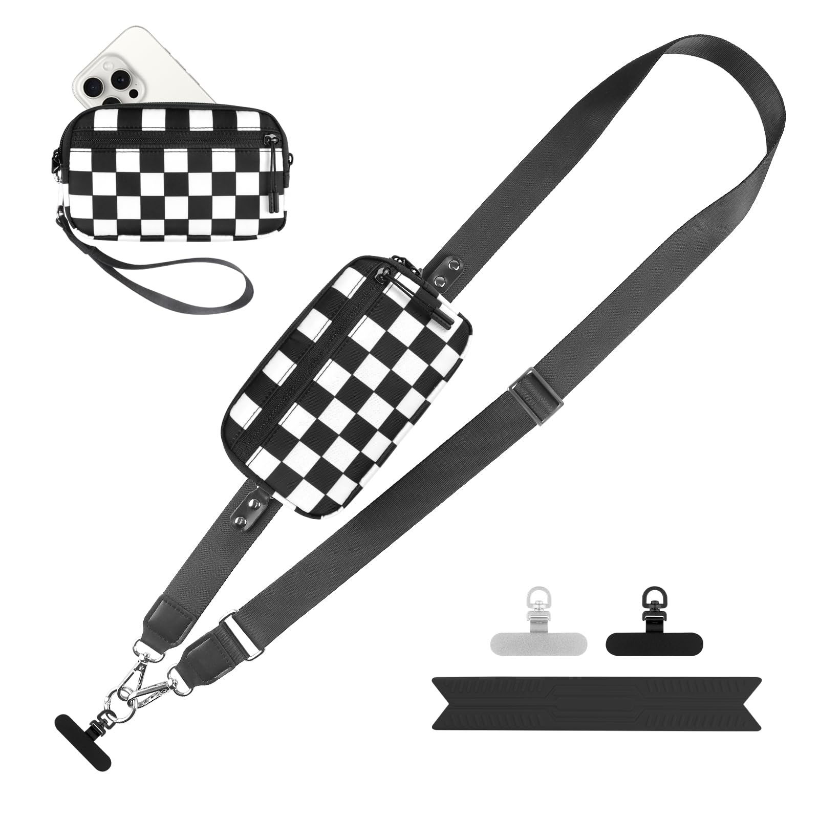 YFWE Clip and Go Strap for Phone with Wallet Crossbody, Adjustable Phone Lanyard with Detachable RFID Wristlet Wallet, Phone Strap with Phone Tabs for All Phones, Black Checkered (L)