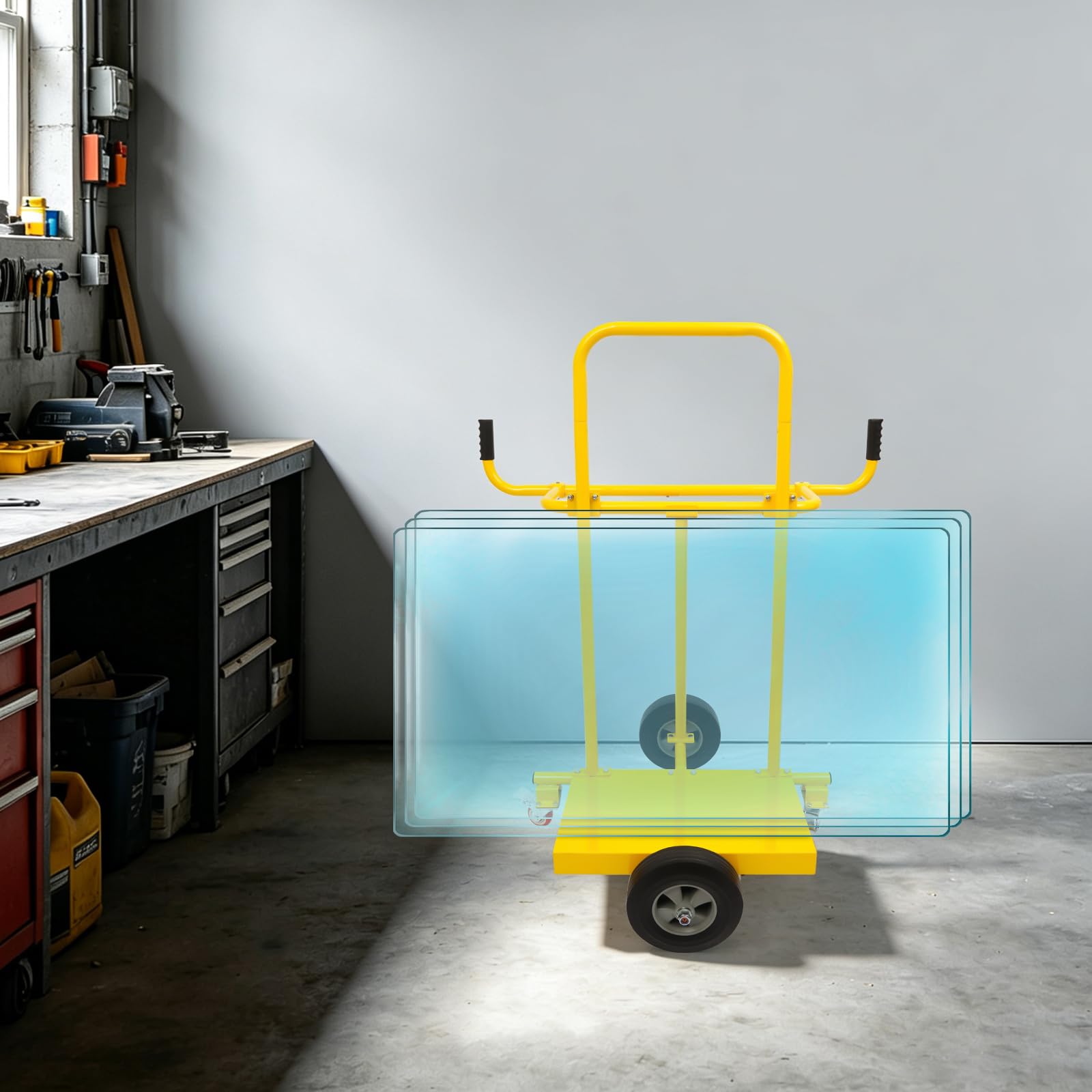 Carro de placas de 300 kg, con 2 ruedas de acero con frenos y 2 ruedas de goma, carro de placas de alto rendimiento para el transporte de tablas de madera, placas de yeso y cristal, color amarillo