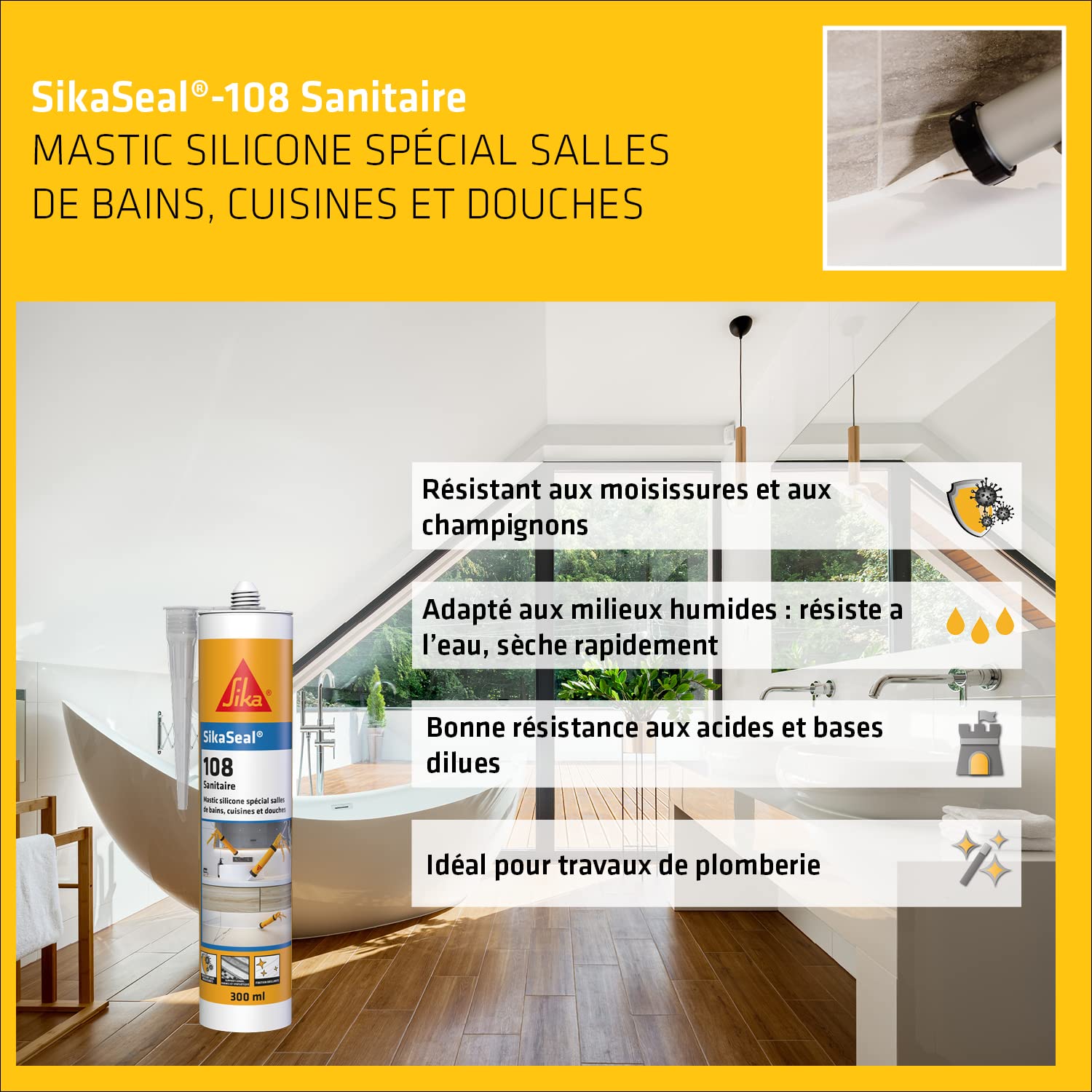 SIKA - Silicone sanitaire - SikaSeal 108 Sanitaire, Transparent - Mastic Cuisine & Salle de Bain Anti-Moisissures - Joints longue durabilité sur multi-supports - Carton de 12 cartouches de 300ml