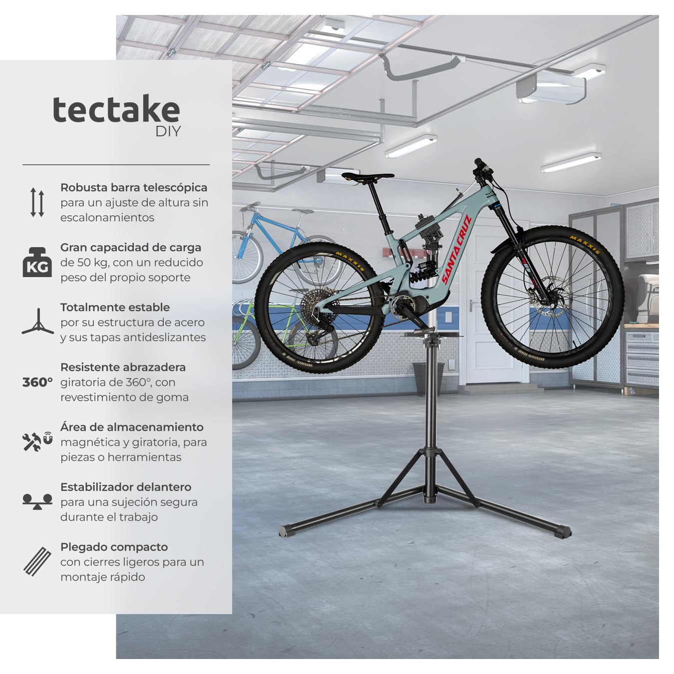 tectake® Soporte Bicicleta Taller, Bandeja Magnética Giratoria, Caballete Bicicleta Plegable, Herramientas Bicicleta Eléctrica Montaña o Carretera, Soporte Taller Bicicleta Ajustable, Carga Max 50 kg