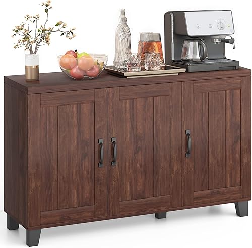 LOKO Aparador de buffet estilo granja, gabinete retro para barra de café con 3 puertas, 6 estantes ajustables y 5 patas de soporte, creenza