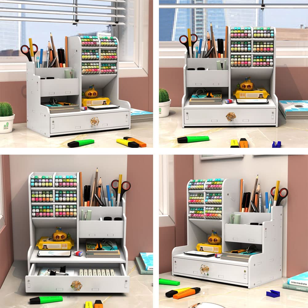 Hggzeg Schreibtisch-Organizer mit Schublade, vielseitig einsetzbar, Stifthalter, für Schreibwaren, Schreibtisch-Aufbewahrungsbox für Zuhause, Büro und Schule, PB17, Weiß