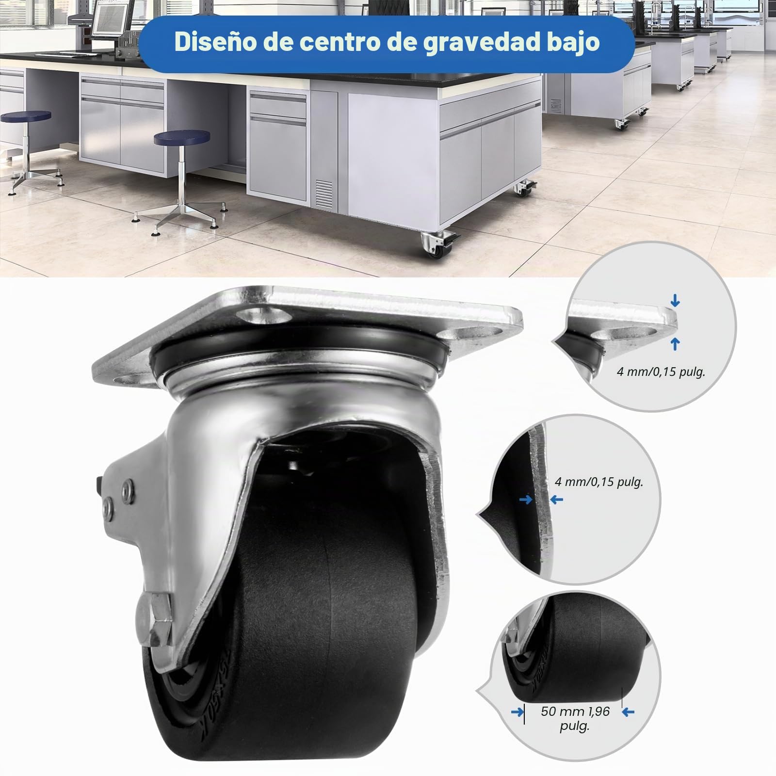 70mm Ruedas Giratorias con Freno, Ruedas para Muebles Pesados, 360 Grados Nylon Bajo Centro de Gravedad Ruedas Carga 2000KG, Ruedas para Mover Muebles, Mesa de Centro, Taller, Set de 4