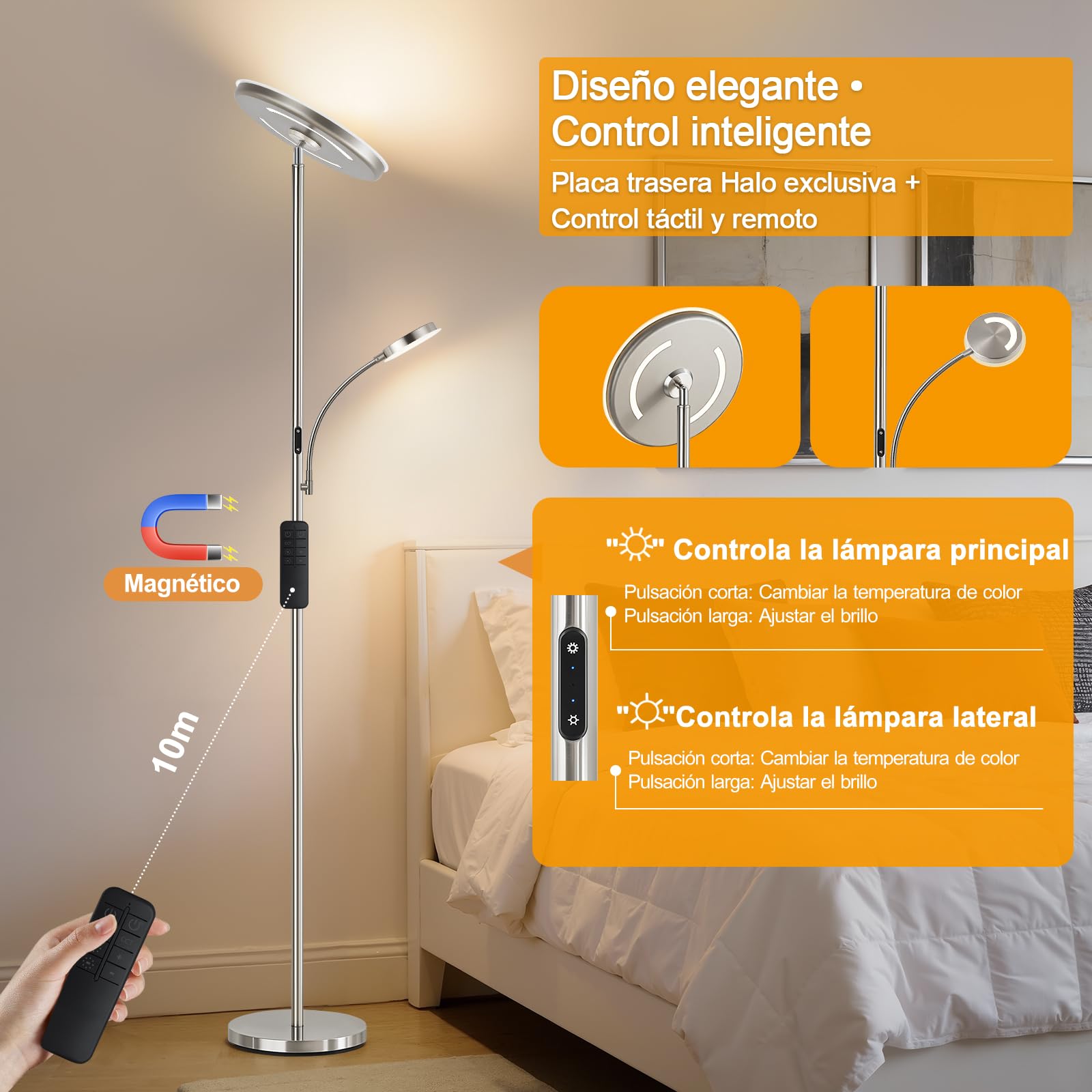GyroVu Lámpara de pie LED regulable 2 en 1, lámpara de pie con mando a distancia y control táctil, temperatura de color de 3000 K a 6500 K, lámpara de pie moderna para salón, dormitorio y oficina