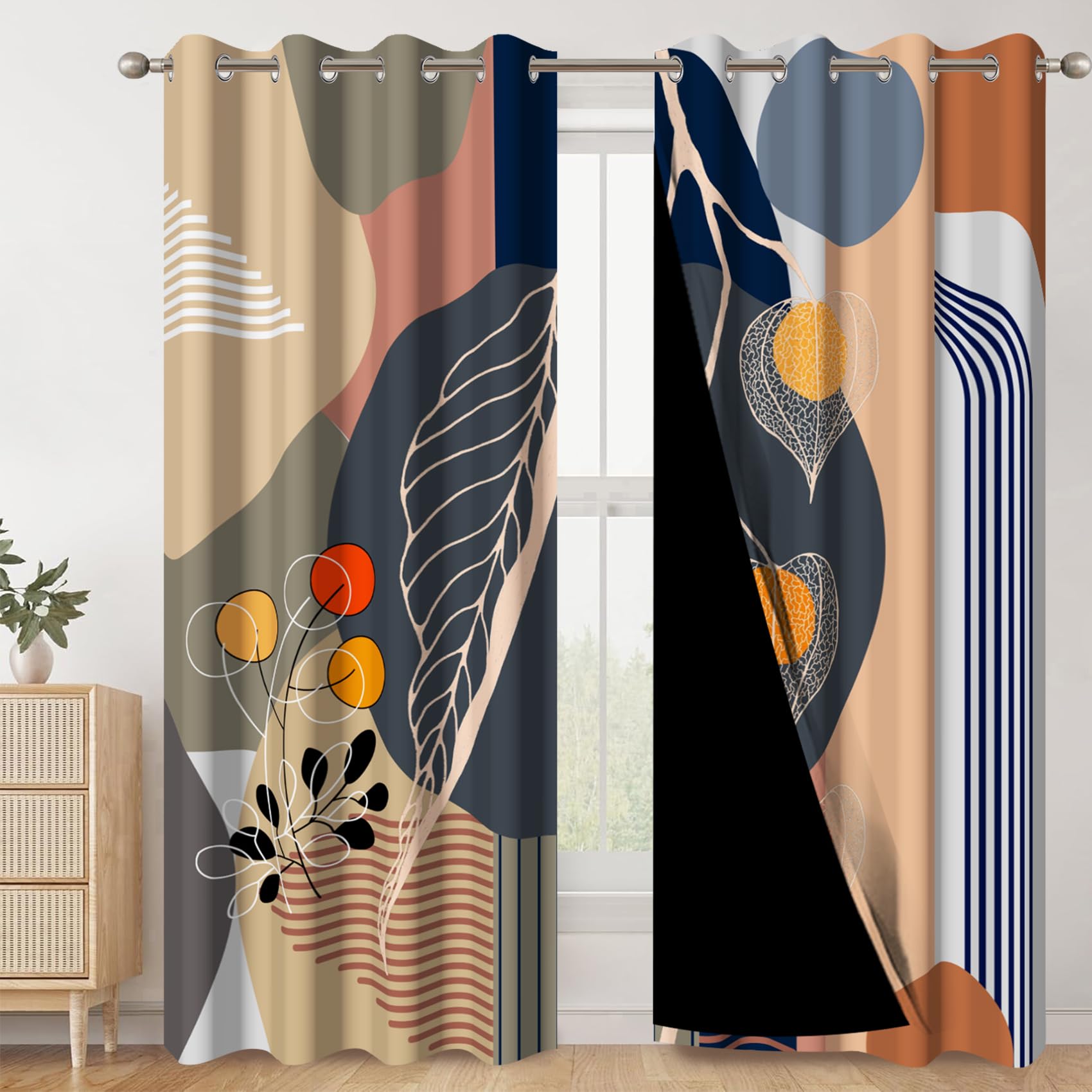 AWERT Boho Blackout Curtains 84 Inches Long 2 Panels Abstract Leaves Plants Geometric Mid Century Modern Minimalist Window Drapes for Bedroom Living