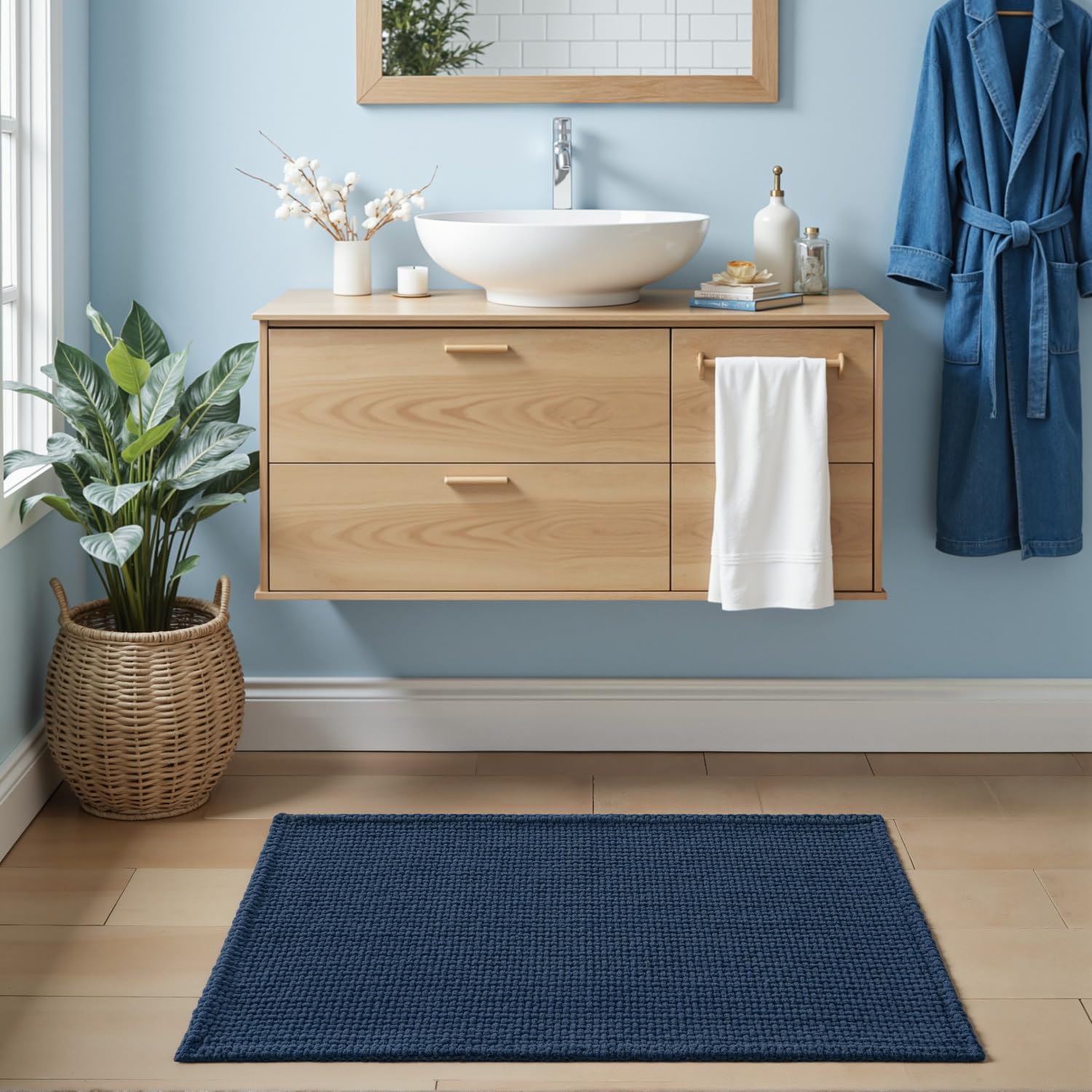 DEXI Tappeto Bagno in Ciniglia 60 x 110 cm, Tappetino Antiscivolo e Assorbenteo, Tappeti Lavabile e Morbido per la Lavandino, Ingresso del Doccia, Blu