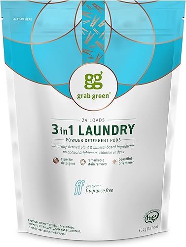 Grab Green Cápsulas de detergente 3 en 1, 24 unidades, sin fragancia, a base de plantas y minerales, poder de limpieza superior, removedor de